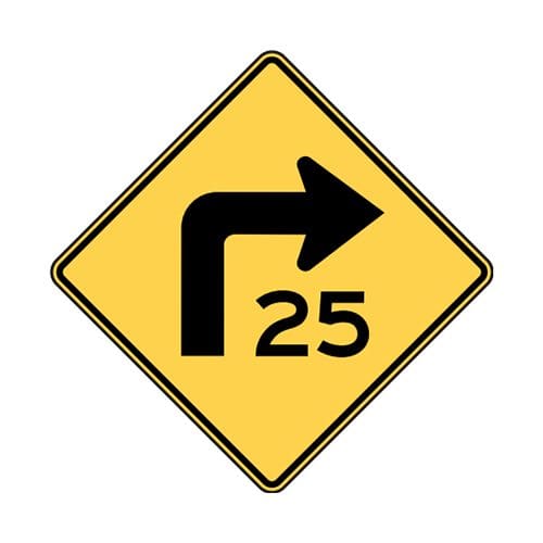 W1-1aR Turn with Advisory Speed Right Sign